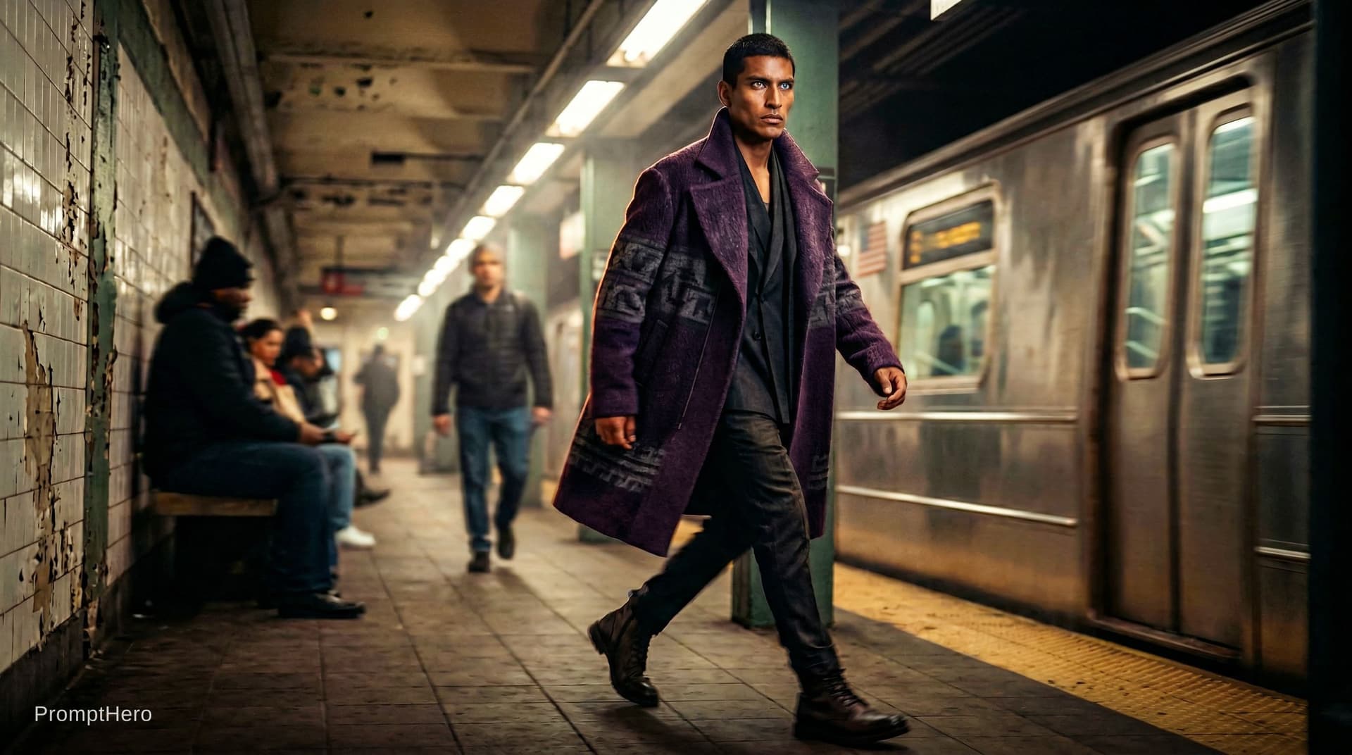 AI generated: fashion editorial photography, cinematic motion blur, male model inspired by Peruvian heritage, stro...