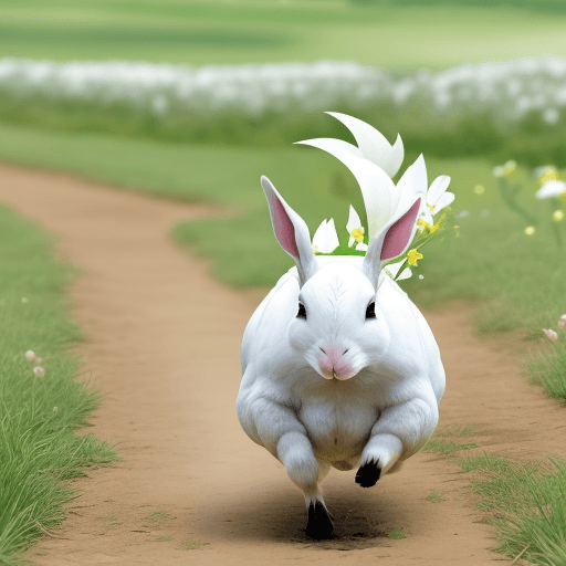 AI generated: Un conejo blanco con largas orejas corriendo en un campo grande y verde flores alrededor