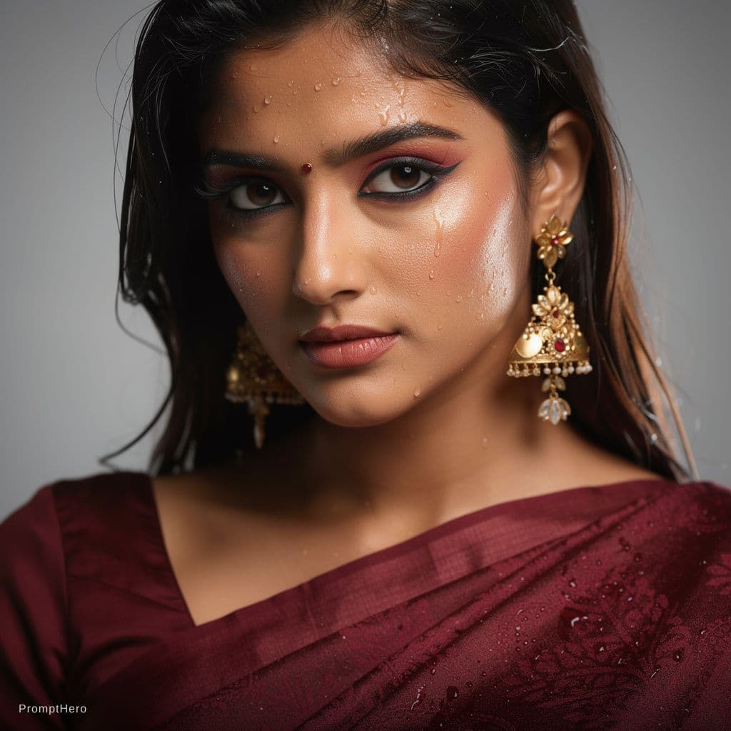 AI generated: A hyper-realistic photo of a beautiful Indian woman in a maroon saree, wet look with water drops, bo...