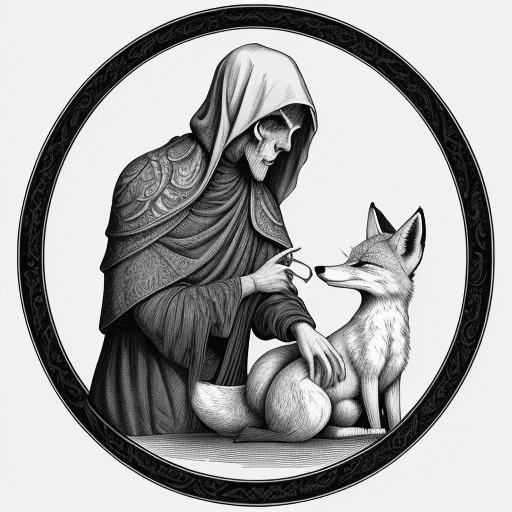 AI generated: A fox holding a human skull, an engraving from the 4th century AD, in the style of William Jonscher ...