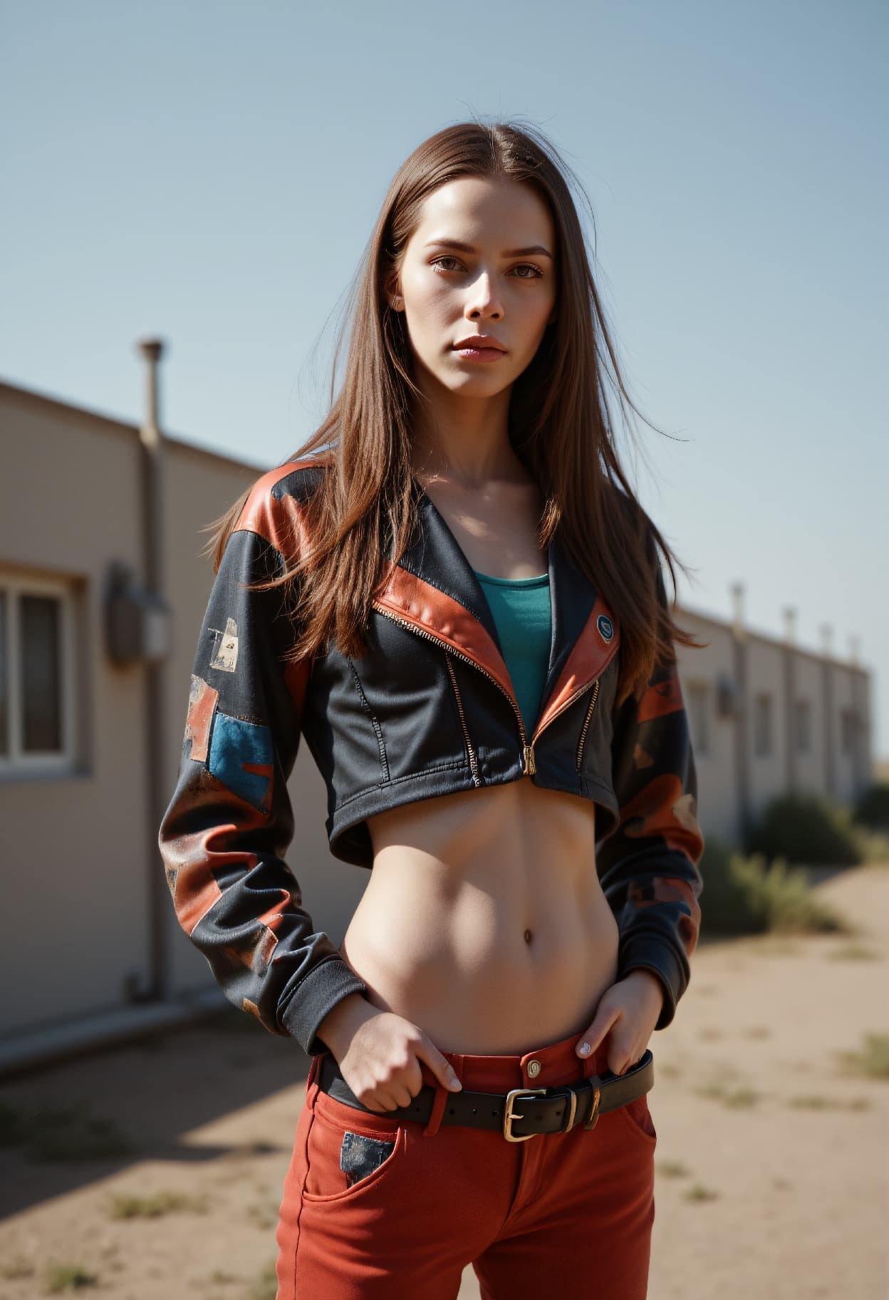 AI generated: landscape photography, Constructivist Fashion waist up photo of a 24-year-old Tibetan-Australian Abo...