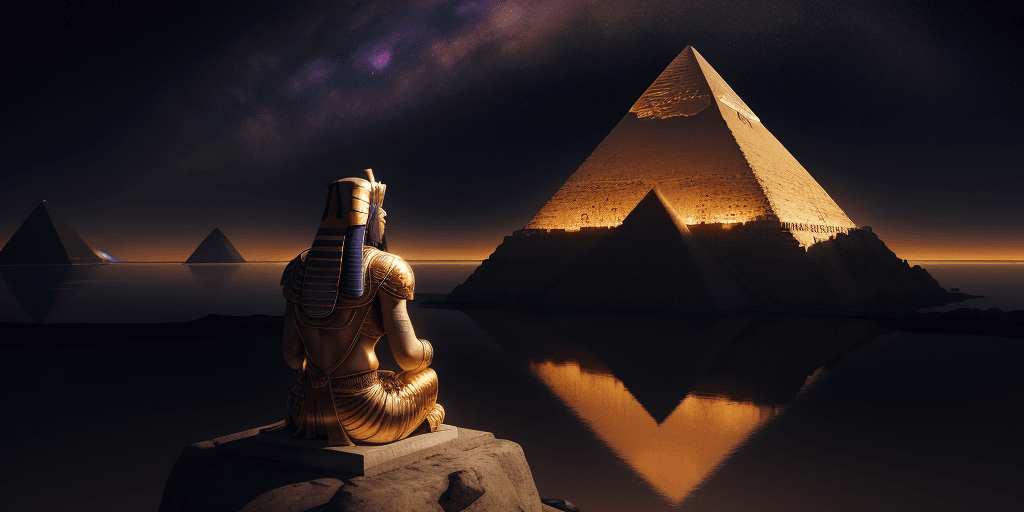 AI generated: A beautiful render of an egyptian pyramid with golden light radiating from the top, centered in fron...