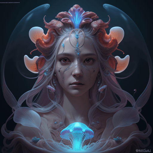 AI generated: Goddess close-up portrait ribcagel. jellyfish phoenix head, nautilus, orchid, skull, betta fish, bio...