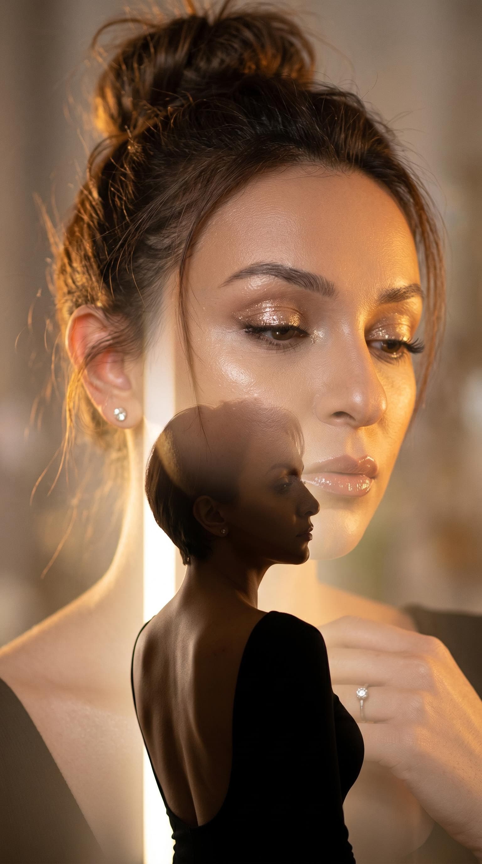 AI generated: {
  "subject_and_concept": {
    "subject": "Double exposure artistic portrait of a woman, featuring...