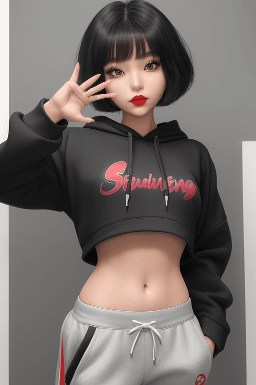 AI generated: 1 girl, beautiful Korean girl, (Cute Loose Bob hair), (wearing a cropped hoodie, capri sweatpants:1....