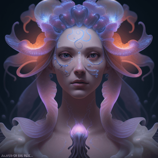 AI generated: Goddess close-up portrait ribcagel. jellyfish phoenix head, nautilus, orchid, skull, betta fish, bio...