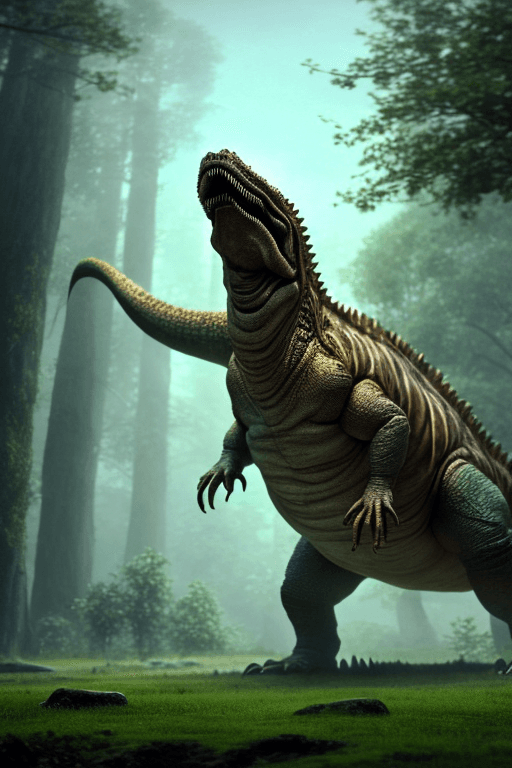 AI generated: titanosaurus, giant walking spinosaurus on hind legs, head of a newt, spinosaurus, large dorsal sail...