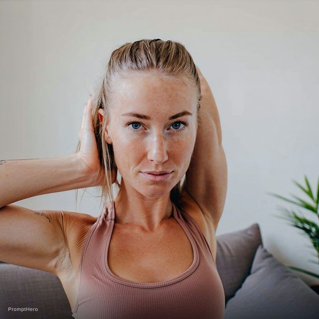 AI generated: Sweaty skin and hair and showing armpit sweaty hair patch and pose like holding two hands on up hair...