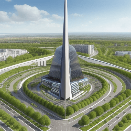 AI generated: ville du futur, hyper vegetalisé urbanisé autoroute et monument hi tech, nous voila