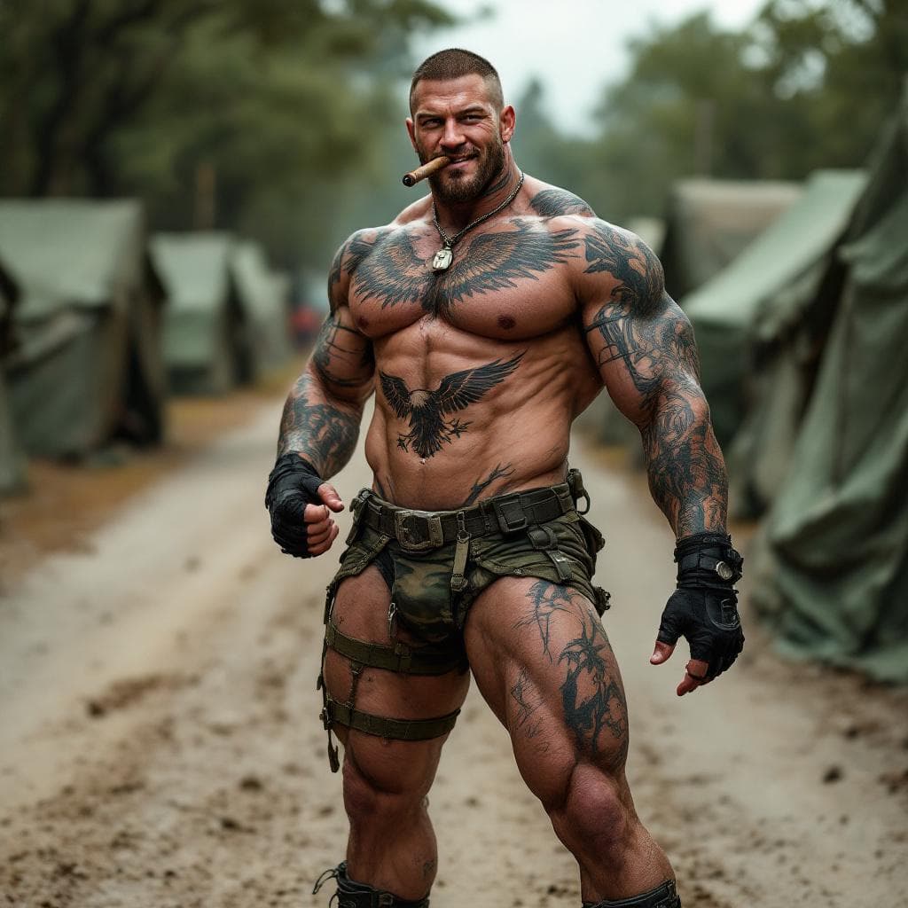 AI generated: Chris Redfield, Full body image, looking at us, shirtless, muscular abs, lots of tattoos, eagle ches...