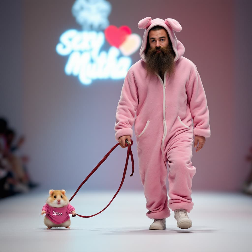 AI generated: A 22 yo bearded man dressed in a one piece pink bunny pajamas leads a pet hamster on a leash while w...
