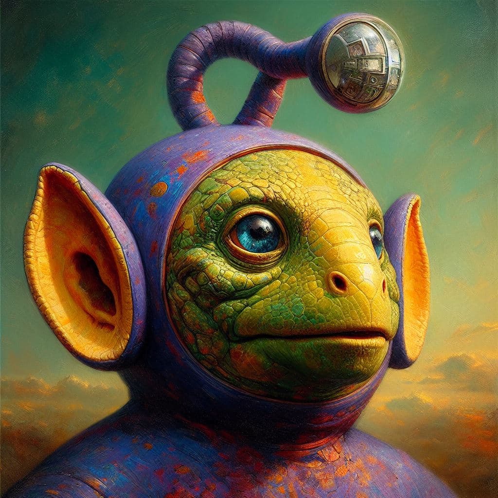 AI generated: A hybrid(Reptile)(Teletubbie) as a scifi alien, painting in the style of H.R.Giger and Michael Whela...