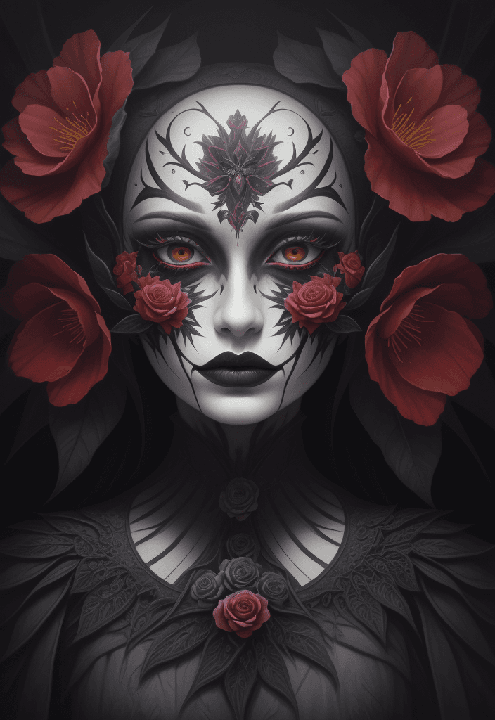 AI generated: floral, sinister, symmetrical, painted-face, fantasy, oil on canvas, color, palette, 8k, hyper-reali...