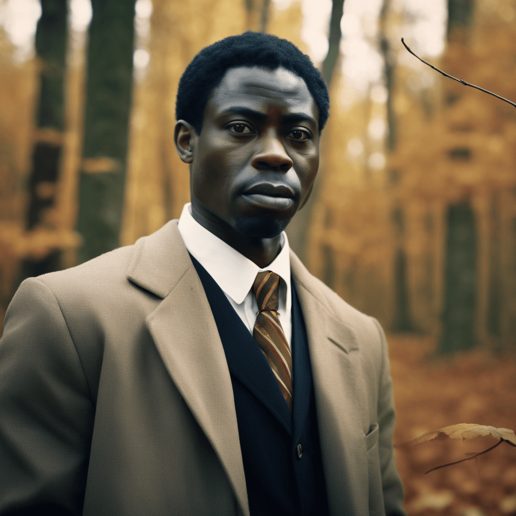 AI generated: A captivating portrait of an African lawyer in the autumn woods, with a confident and charismatic ga...