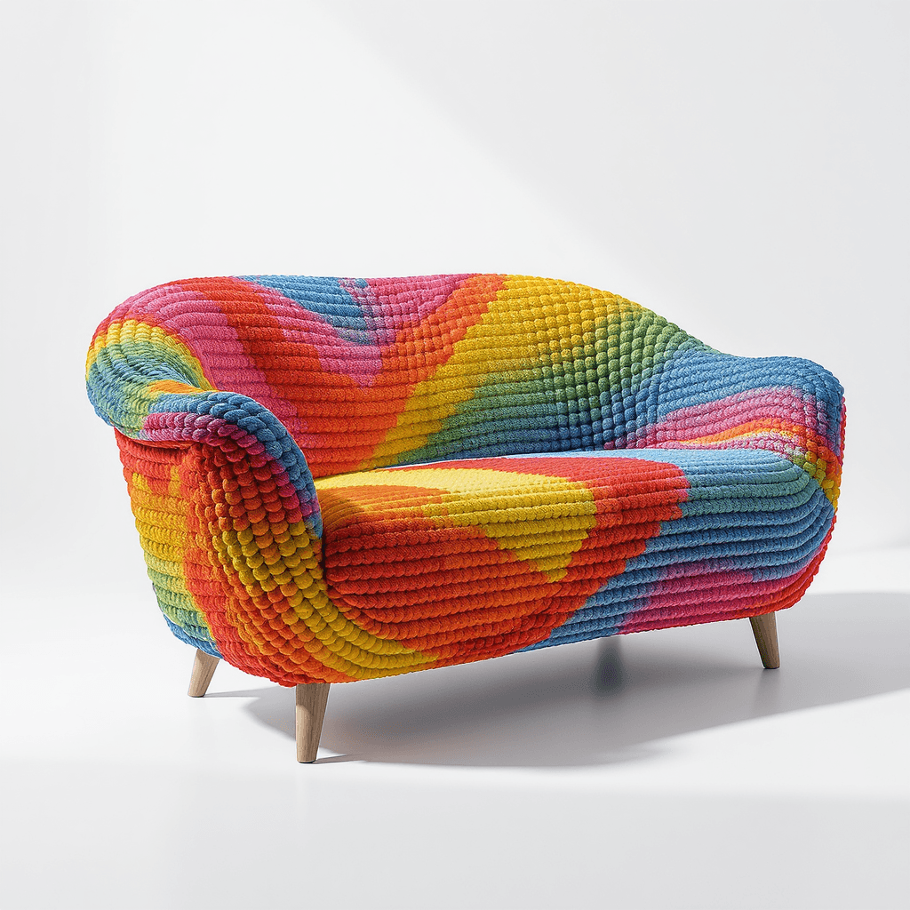 AI generated: high resolution photography, conceptual single sofa, inspired by rainbow, curved shape form, colorfu...