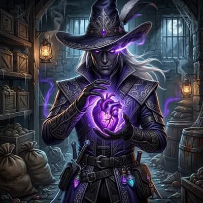 AI generated video: a dark elf in a dank medieval warehouse holds in own beating heart in his hands, the heart evaporate...