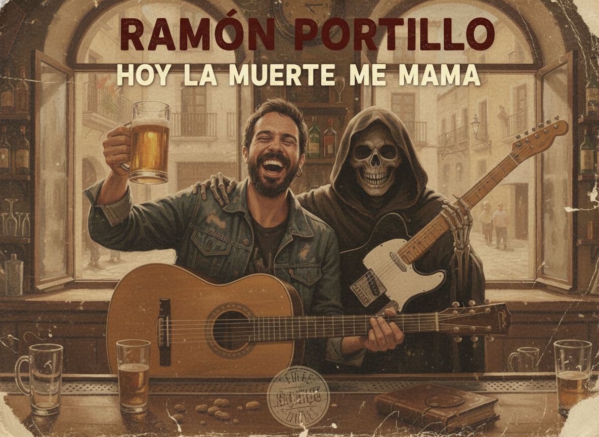AI generated: Hazme de esta imagen la portada de un disco. El disco se llama "Hoy la muerte me mama" y el artista ...