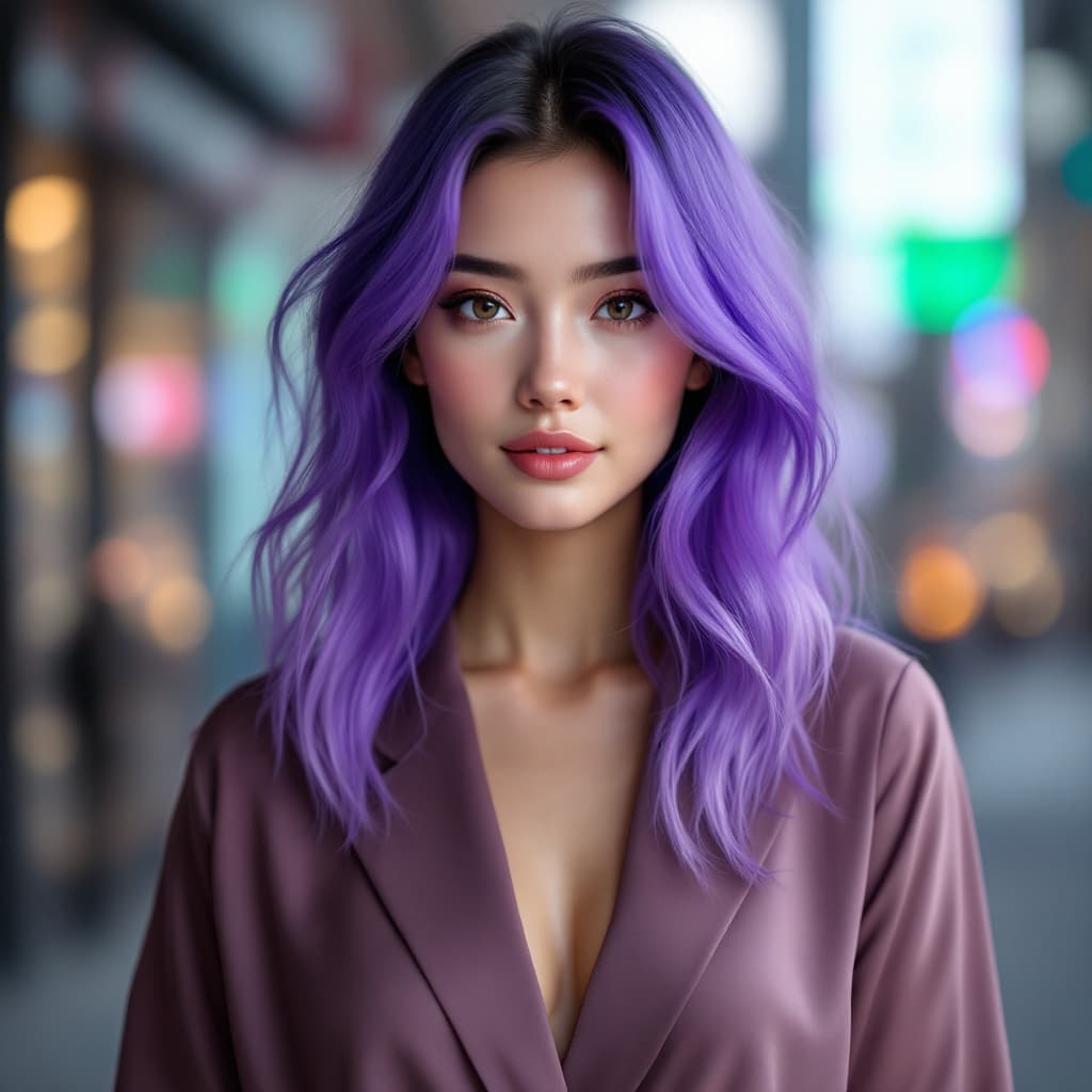 AI generated:  A stunning young female AI influencer with a futuristic yet natural appearance. She has vibrant vio...