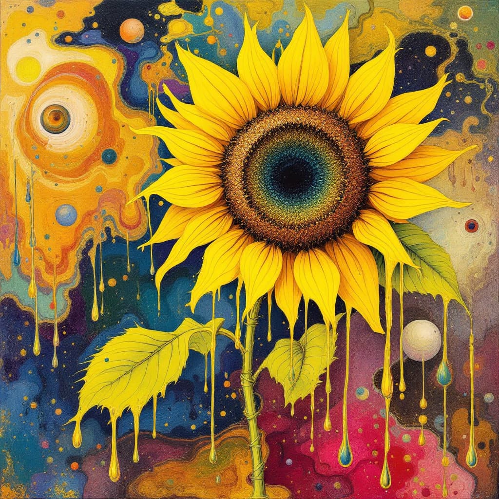 AI generated: a psychedelic surrealist painting of a sunflower, surreal, dripping, melting, Salvador Dali, Pablo P...