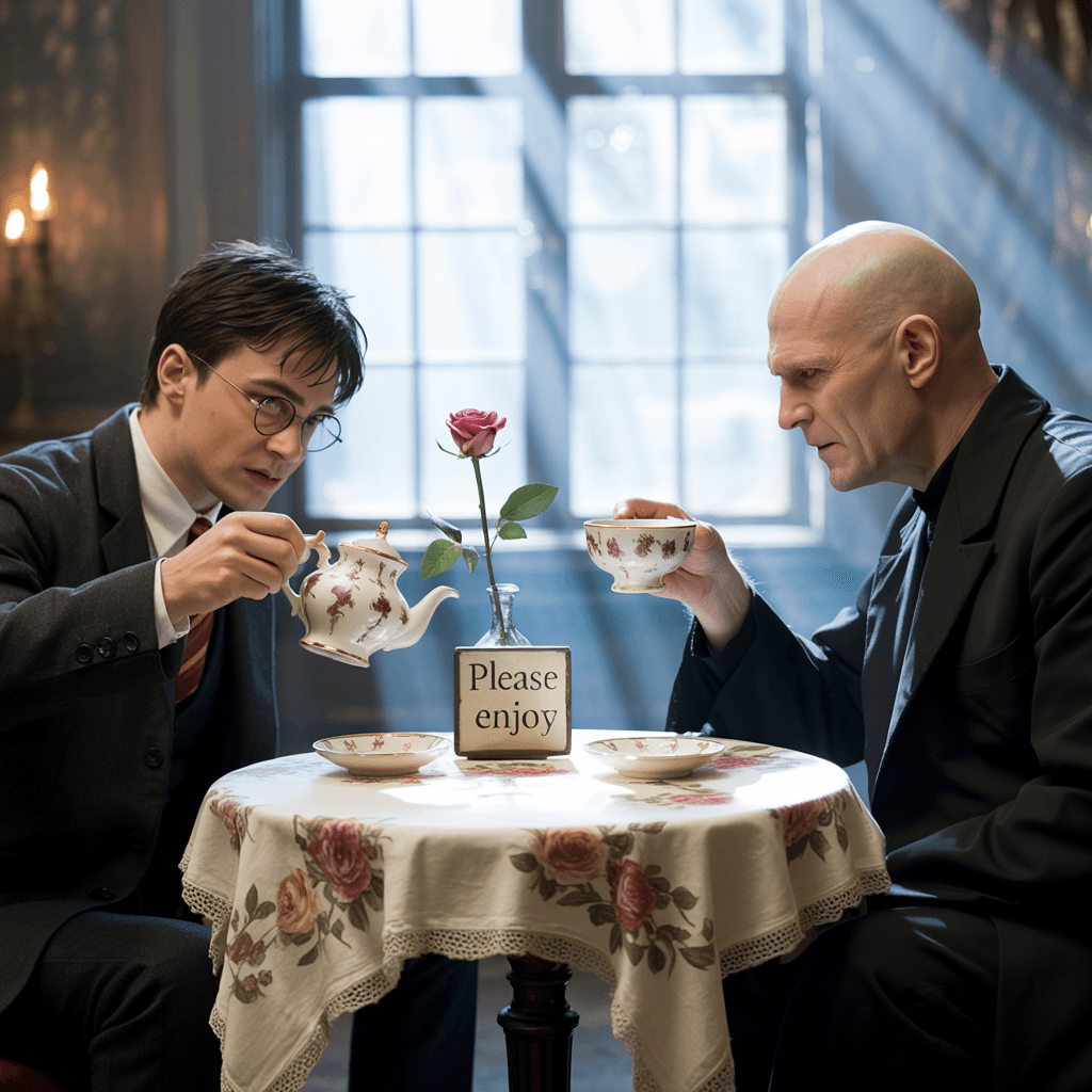 AI generated: Harry Potter and Voldemort having a tea party ((Hyperrealistic :3.3))