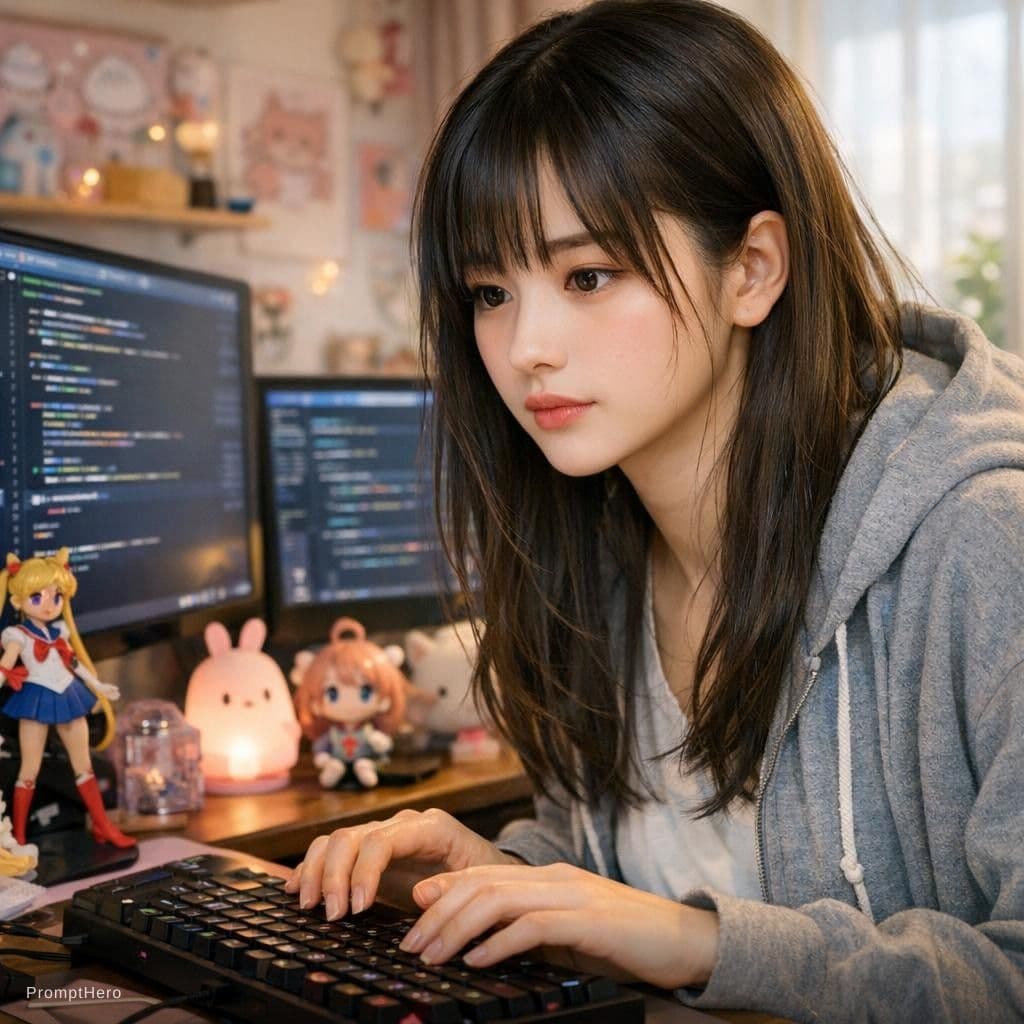 AI generated: Realistic Japanese Introverted face pretty girl aged 21-24. Focusing on coding a bit like nerd but c...