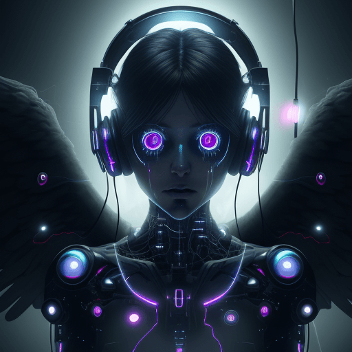 AI generated: Front view, Angels whisper music, beautiful cyborg angel, glowing eyes, techno, cyberpunk, vivid, vi...