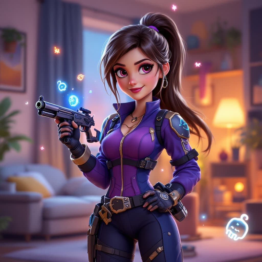 AI generated: A Pixar Disney 3D digital artwork of Caitlyn from League of Legends, reimagined with a charming, you...