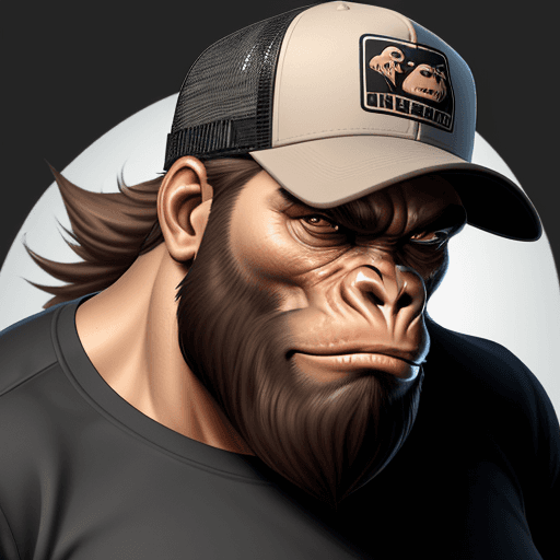 AI generated: Create the face of a gorilla with a trucker cap, rude gesture, long beard, aggressive light brown ey...