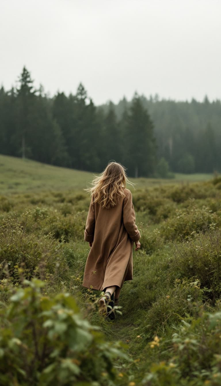 AI generated: a woman walking through a lush green field, vogue fashion photo, brown tuffle coat, beautiful swedis...