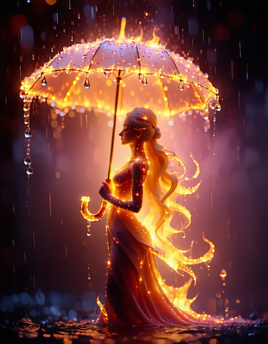AI generated: An enchanting figure made of enchanted flames stands holding a magnificent umbrella made of cascadin...