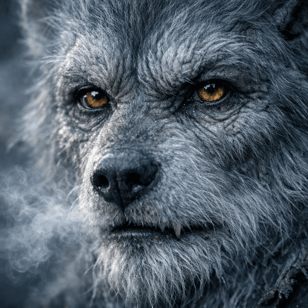 AI generated: extreme close-up of old gray kenny werewolf face, intelligent amber eyes with deep sadness, steam fr...