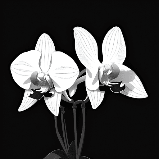AI generated: Draw an orchid in black and white with three stems pointing upward, three stems extending down from ...