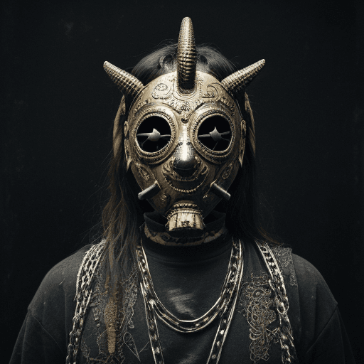AI generated: a portrait shot of a person wearing a golden luxurious mask with chains around it, metal mask, kris ...