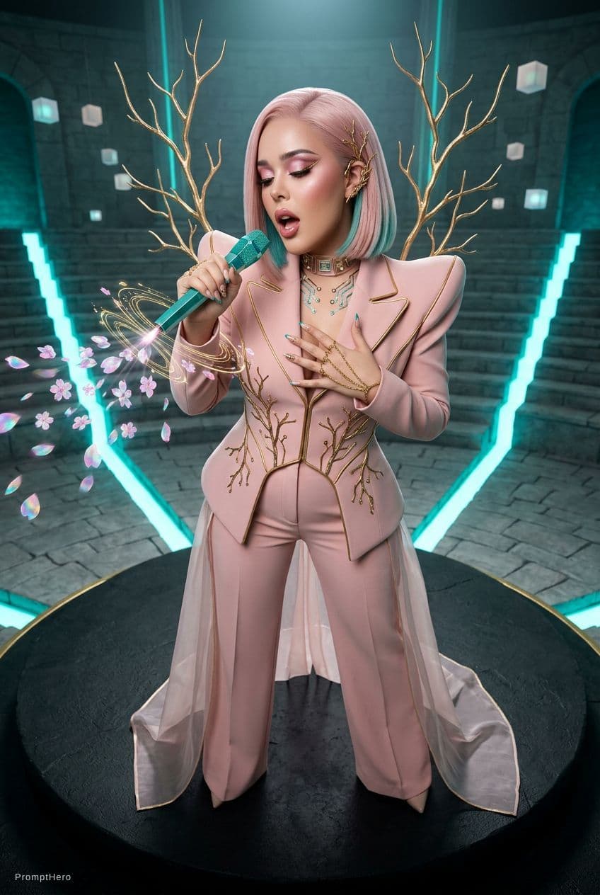 AI generated: Create an image of a woman with my facial features, photographed in a futuristic cherry-blossom tech...