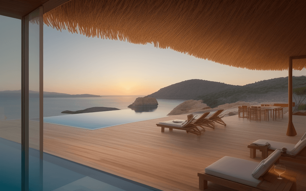 AI generated: a magnificent modern ecotourism site with a design from greece, pools and beaches::3 futuristic::2.1...