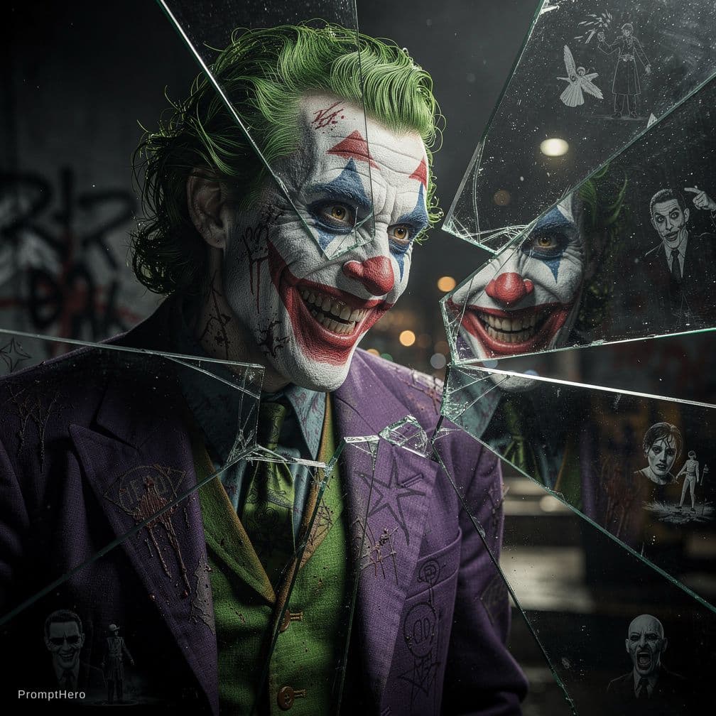 AI generated: a perverse joker looks at himself in a broken mirror, in the style of Christopher Nolan, in dynamic,...