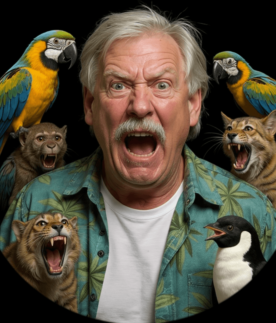 AI generated: A hyperrealistic, wide-angle close-up parody portrait of myself surrounded by chaotic animals, all c...