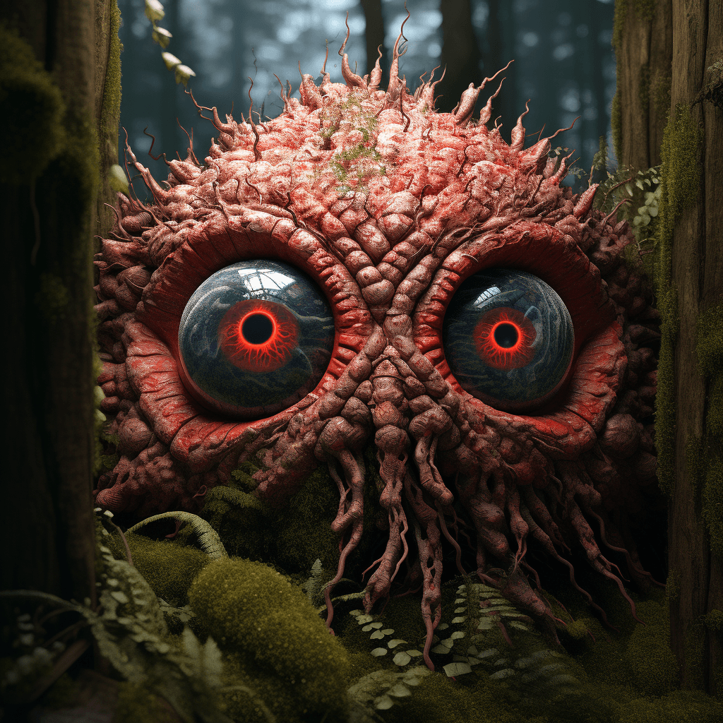 AI generated: a scary looking wood creature with a red eye, in the style of filip hodas, daz3d, sandy skoglund, na...