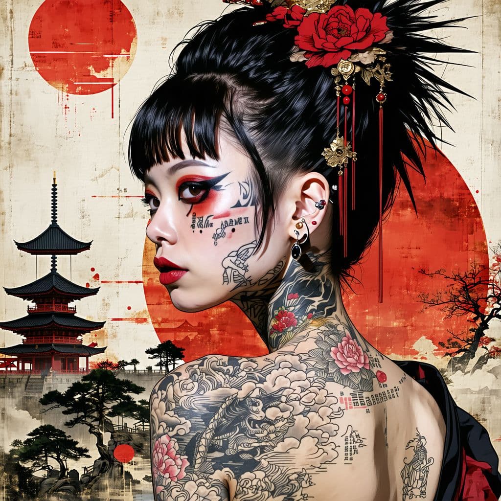 AI generated: A striking and captivating illustration of a Japanese punk woman, adorned with traditional tattoos t...