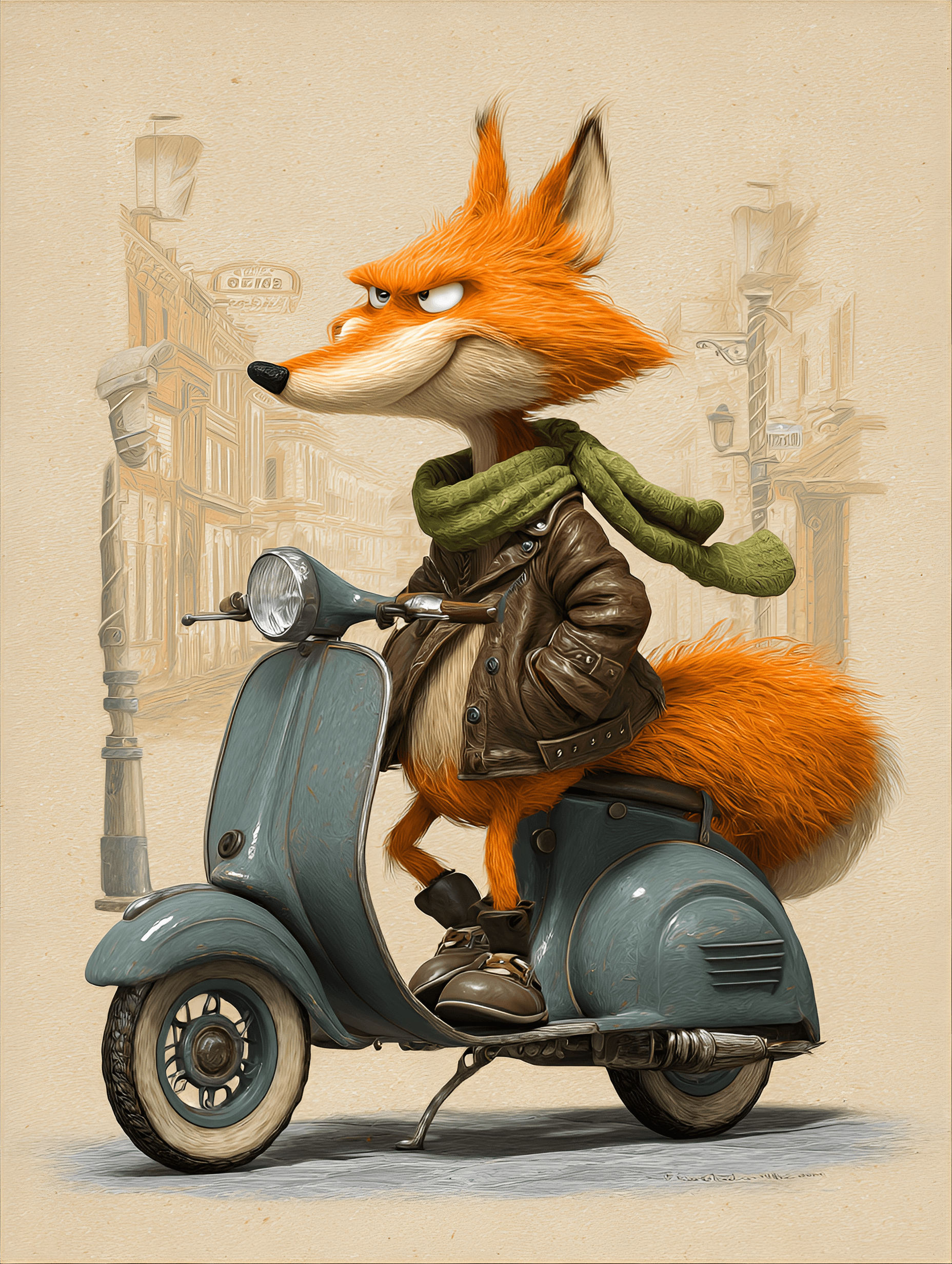 AI generated: funny caricature, stylish fox on scooter caricature, adult fox, 4 years