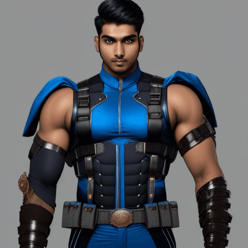 AI generated:  indian male age 26, broad shouldered, very muscular, 2 meters tall , metal  skin tight body suit,  ...
