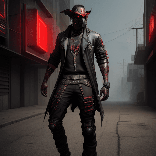 AI generated: angry black male rapper, red eyes, pose, mask, full body, street, cyberpunk, wild west, cowboy, intr...