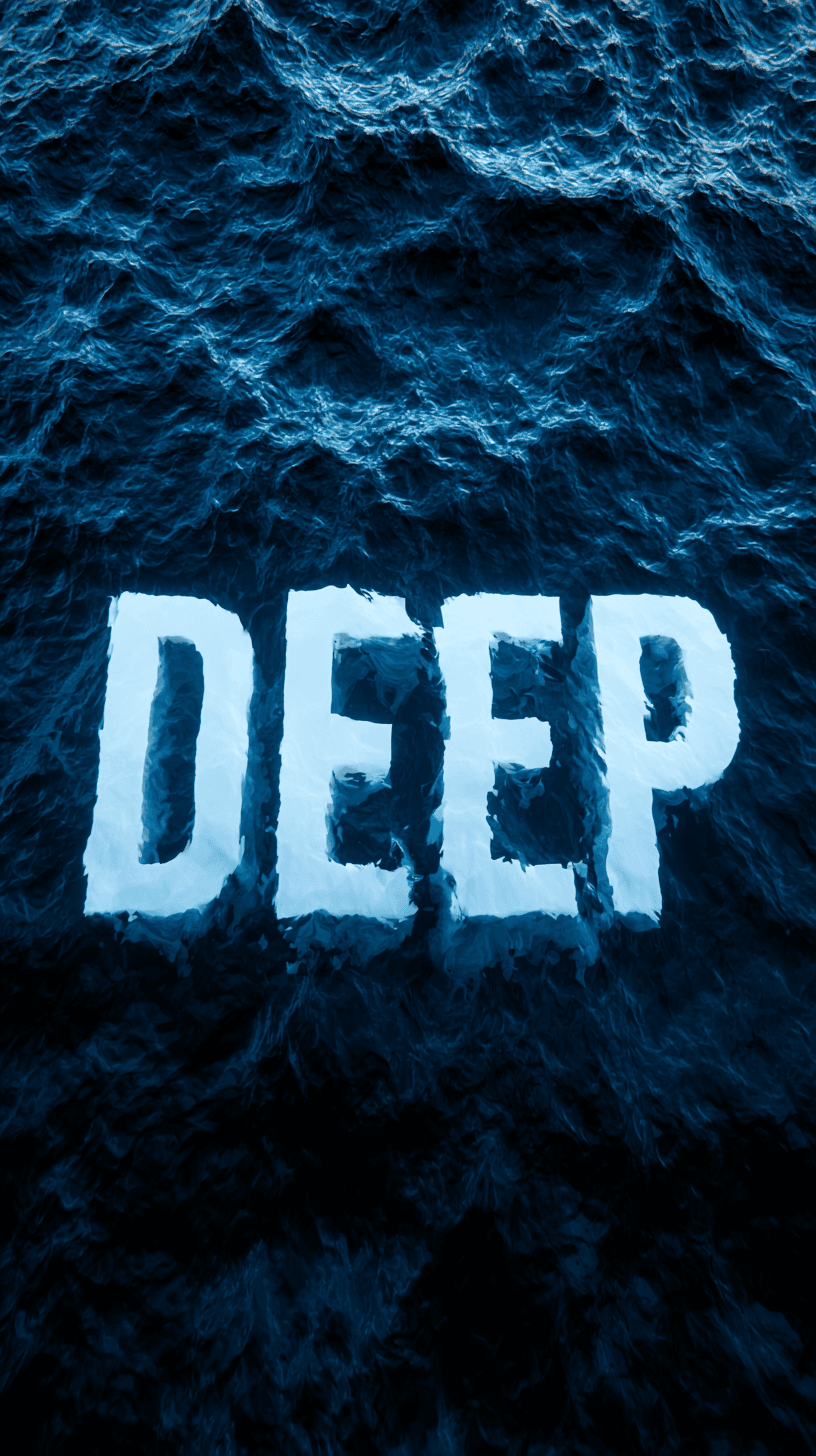 AI generated: rendering, letter "DEEP", white color, under the water, bright light from center, high contrast,deep...