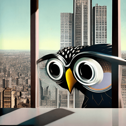 AI generated: Hyper realistic eye level exterior photo of a mid century modern style owl with googles overlooking ...