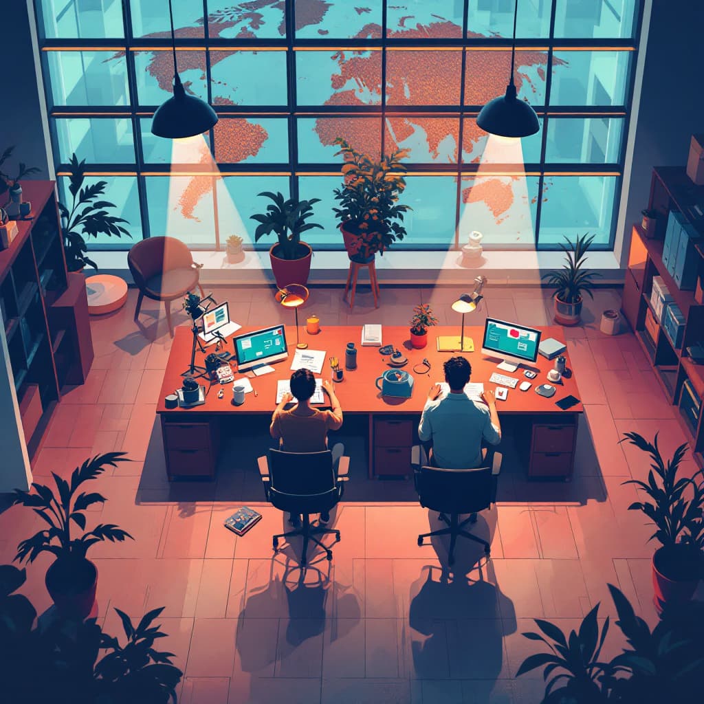 AI generated: An office layout with happily employees working,warm tones ,busy scene ,4k resolution,rich colours 
