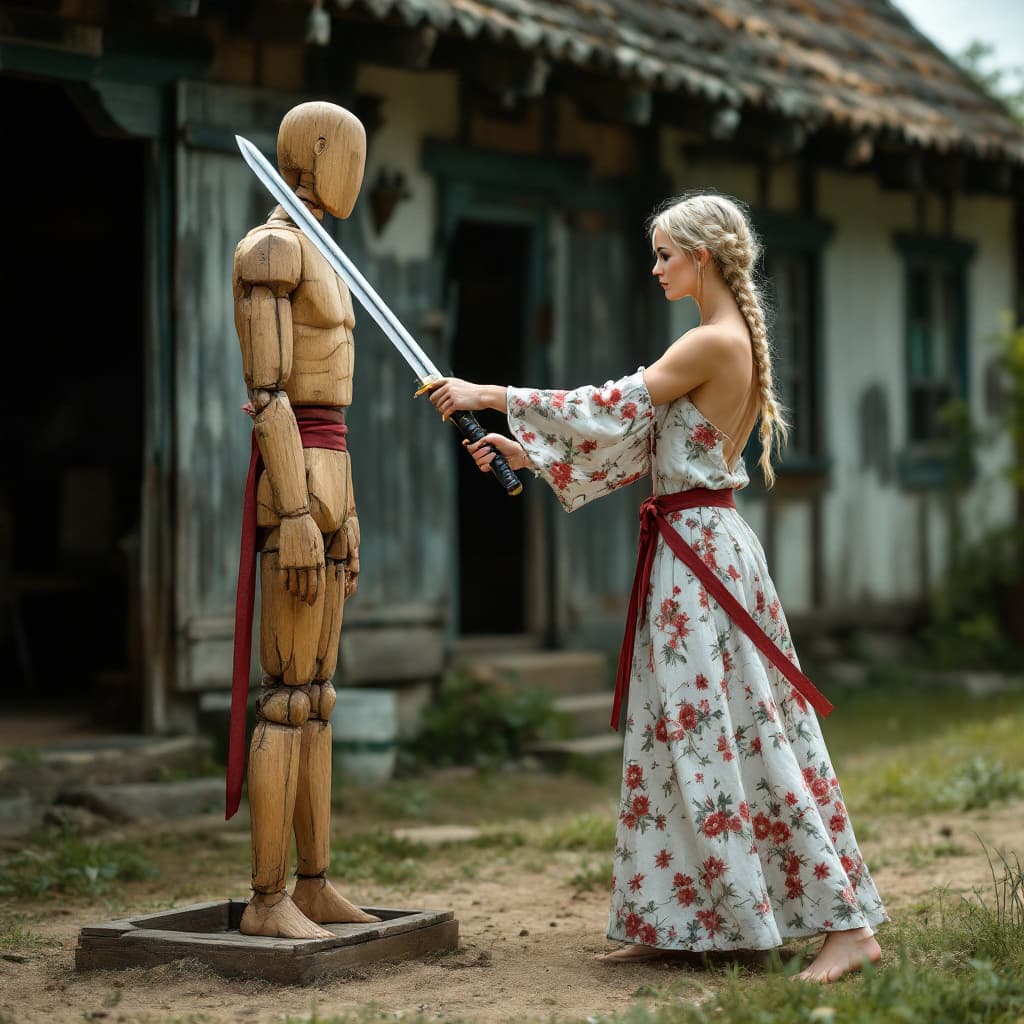 AI generated: full body view of A very beautiful minute blonde woman with braids, flowery dress that leaves the sh...