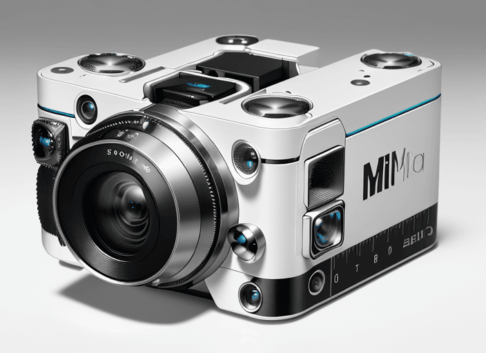 AI generated: Six slim cameras, on a glossy white surface, birds eye view, hyper realistic, highly detailed, 8K, m...