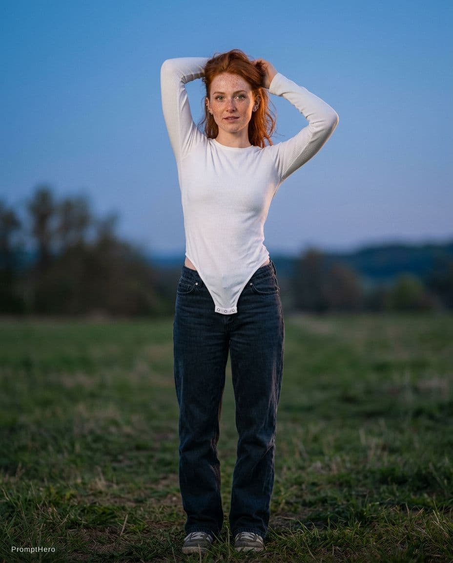 AI generated: "Ultra-realistic twilight (Head to toe shot) of a red-haired woman with bright green eyes, freckles ...