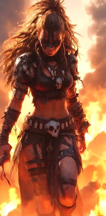 AI generated video: A fierce warrior striding confidently with flames flickering around her and smoke curling in the bac...