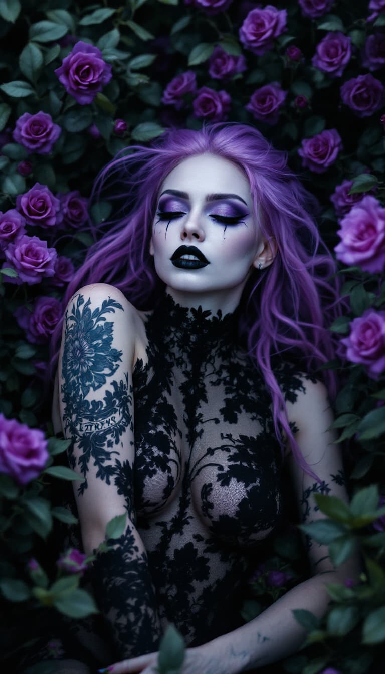 AI generated: A realistic, head to toe photo a fit, thin, perfect body, very pale female laying in a field of blac...